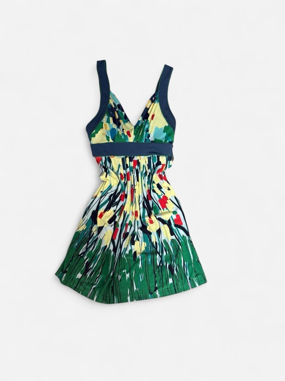 BCBGMaxAzria Green, Yellow & Navy Floral V-Neck Mini Dress